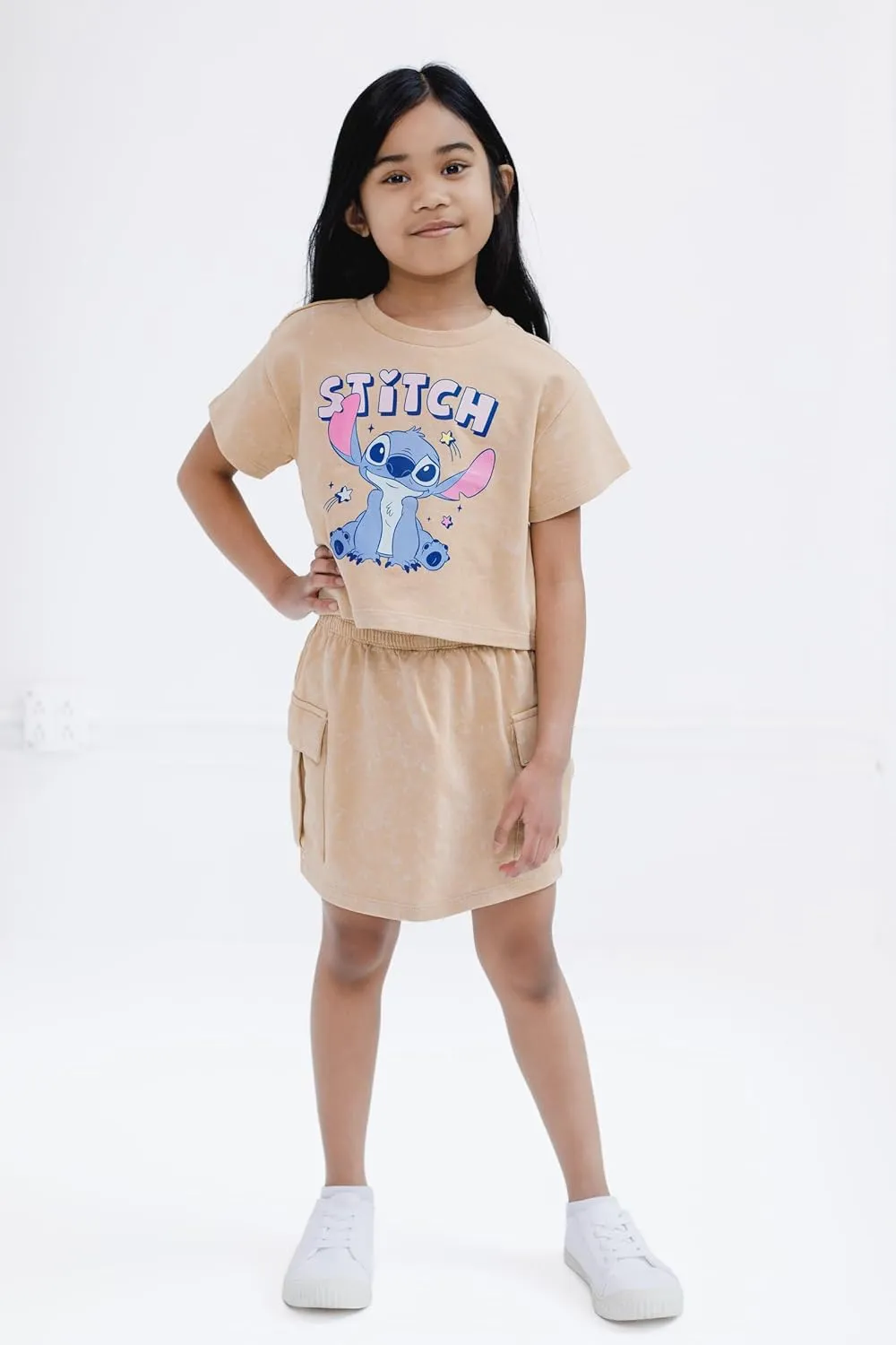 Disney Lilo & Stitch Girls French Terry Cropped Drop Shoulder T-Shirt & Skirt Outfit Toddler to Big Kid Sizes (2T - 14-16)