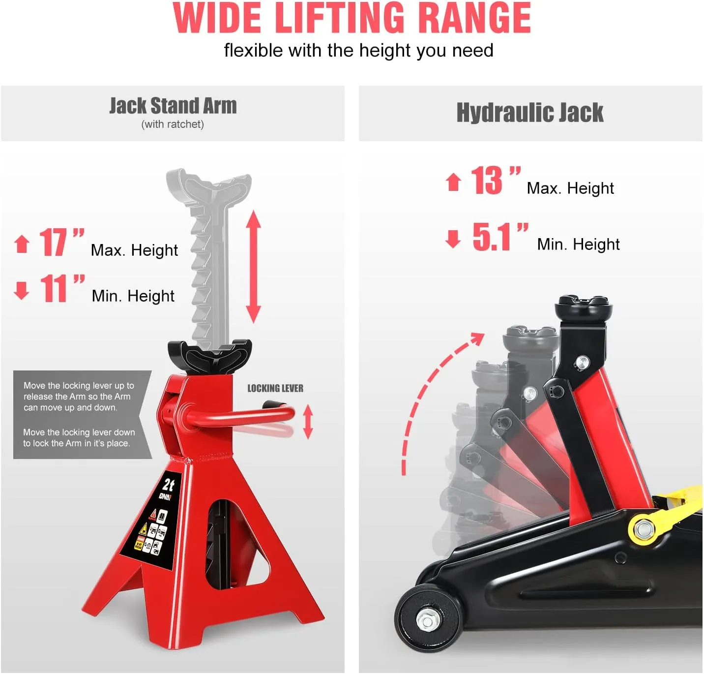DNA MOTORING TOOLS-00280 Low Profile Hydraulic Trolley Service/Floor Jack Combo with 2 Ratchet Jack Stands, 2 Ton (4000 lbs) Capacity