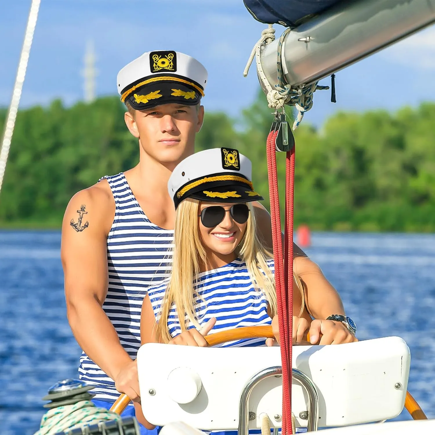 dodowin Captain Sailor Hats for Women Men, Adjustable Boat Yacht Rock Costumes for Hugh Hefner Playboy Party