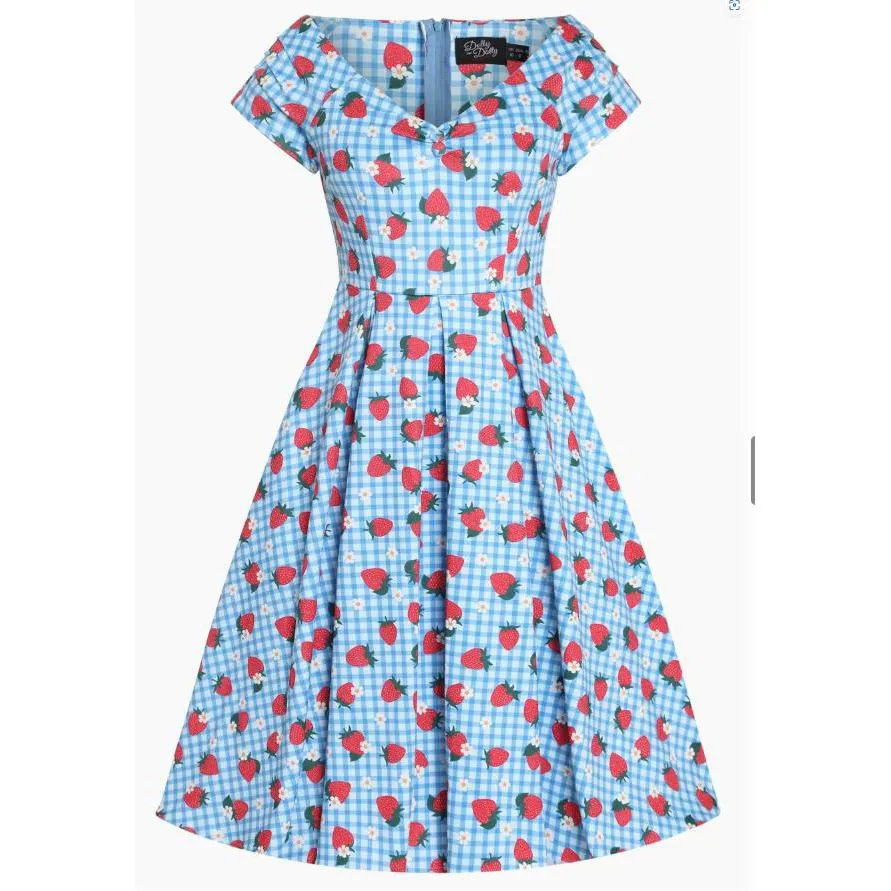 Dolly & Dotty Lily Off Shoulder 50's Light Blue Strawberry Checkered Dress