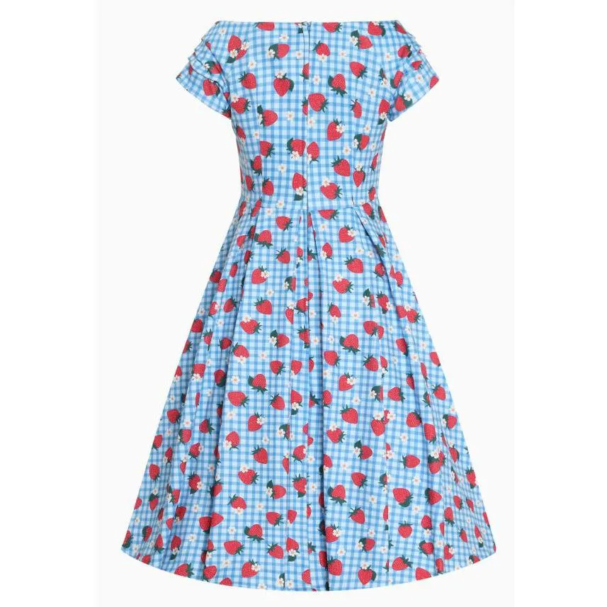 Dolly & Dotty Lily Off Shoulder 50's Light Blue Strawberry Checkered Dress