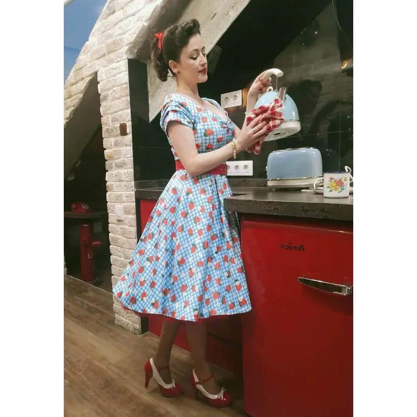 Dolly & Dotty Lily Off Shoulder 50's Light Blue Strawberry Checkered Dress