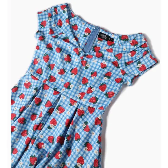 Dolly & Dotty Lily Off Shoulder 50's Light Blue Strawberry Checkered Dress