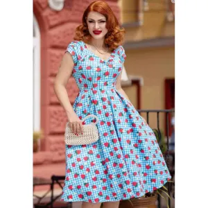 Dolly & Dotty Lily Off Shoulder 50's Light Blue Strawberry Checkered Dress