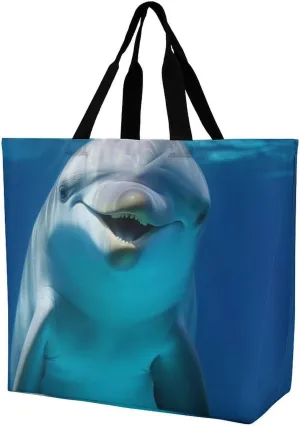 Dolphin With Smile Handbags Lightweight Travel Shoulder Bag Portable Cute Shopping Beach Market Bag for Men Women Hiking Yoga Gym Swimming Travel Holiday Gift
