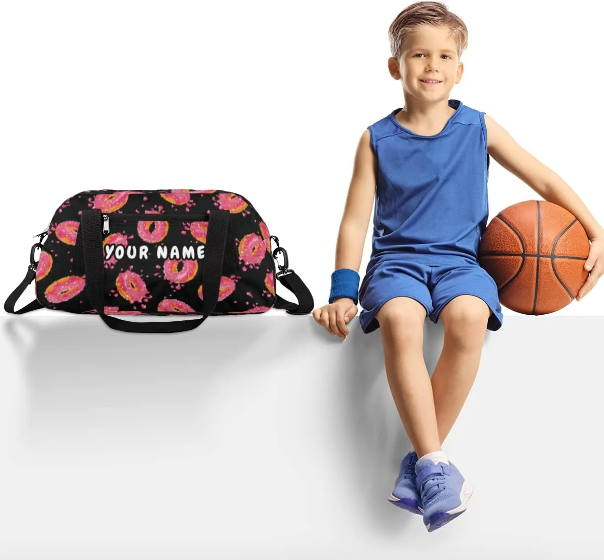 Donuts Pink Personalized Kids Duffel Bag for Girls Boys, Donuts Debris Custom Dance Bag Overnight Small Duffel Bag Carry On Weekend Sports Travel Bag for School Practice Gymnastics Ballet