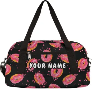 Donuts Pink Personalized Kids Duffel Bag for Girls Boys, Donuts Debris Custom Dance Bag Overnight Small Duffel Bag Carry On Weekend Sports Travel Bag for School Practice Gymnastics Ballet