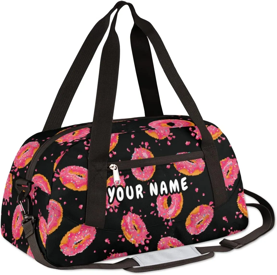 Donuts Pink Personalized Kids Duffel Bag for Girls Boys, Donuts Debris Custom Dance Bag Overnight Small Duffel Bag Carry On Weekend Sports Travel Bag for School Practice Gymnastics Ballet