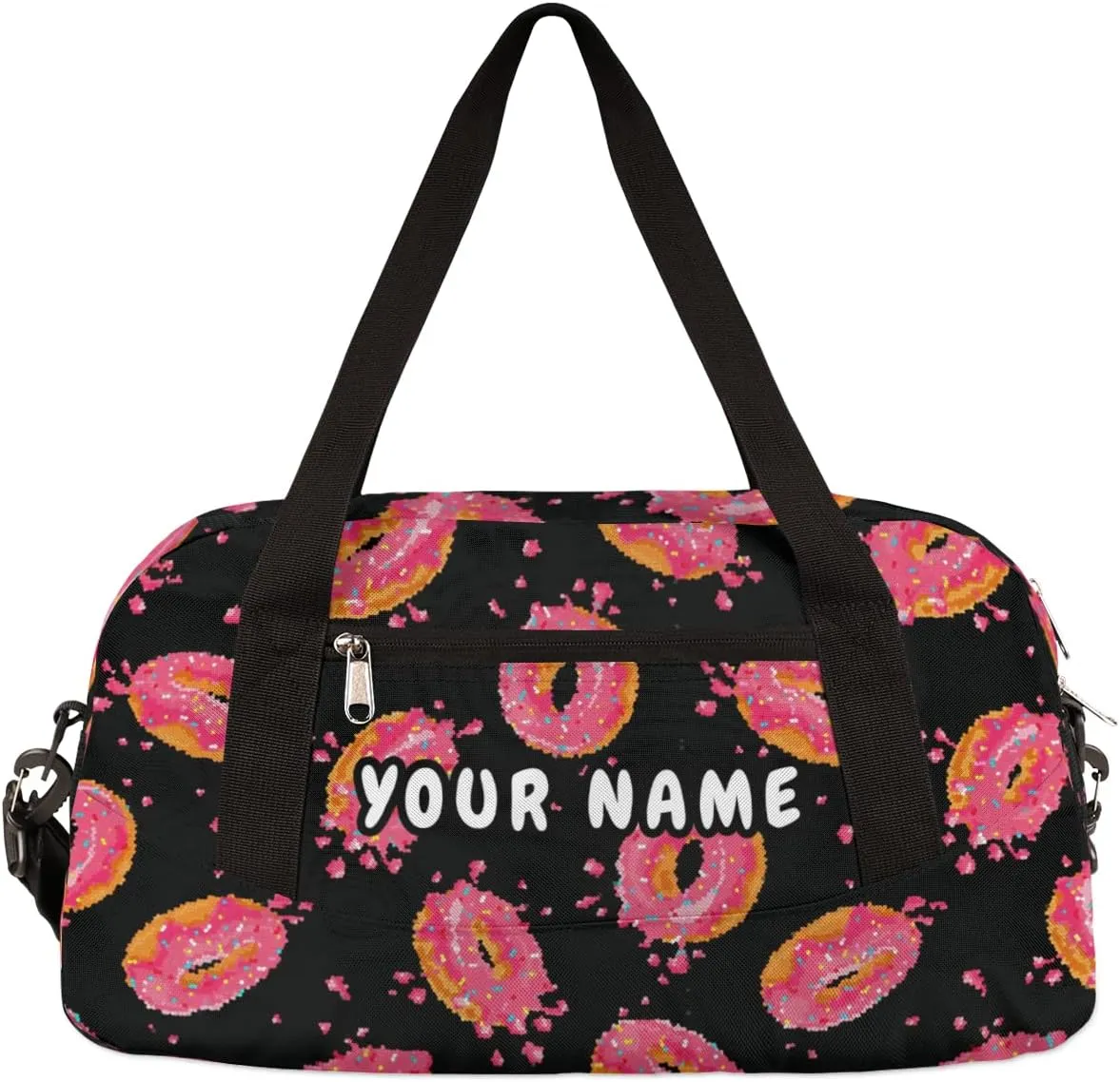 Donuts Pink Personalized Kids Duffel Bag for Girls Boys, Donuts Debris Custom Dance Bag Overnight Small Duffel Bag Carry On Weekend Sports Travel Bag for School Practice Gymnastics Ballet