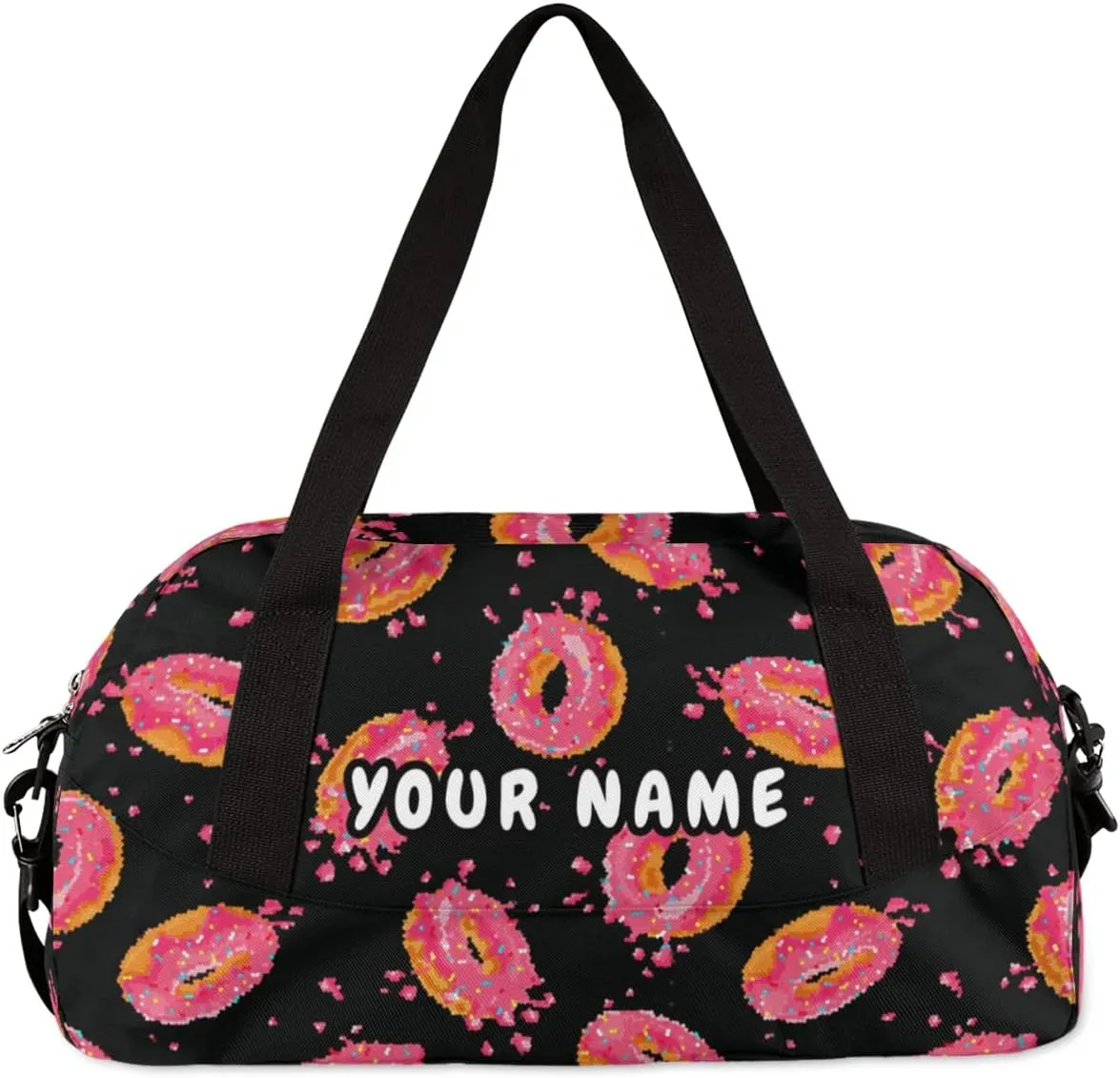 Donuts Pink Personalized Kids Duffel Bag for Girls Boys, Donuts Debris Custom Dance Bag Overnight Small Duffel Bag Carry On Weekend Sports Travel Bag for School Practice Gymnastics Ballet