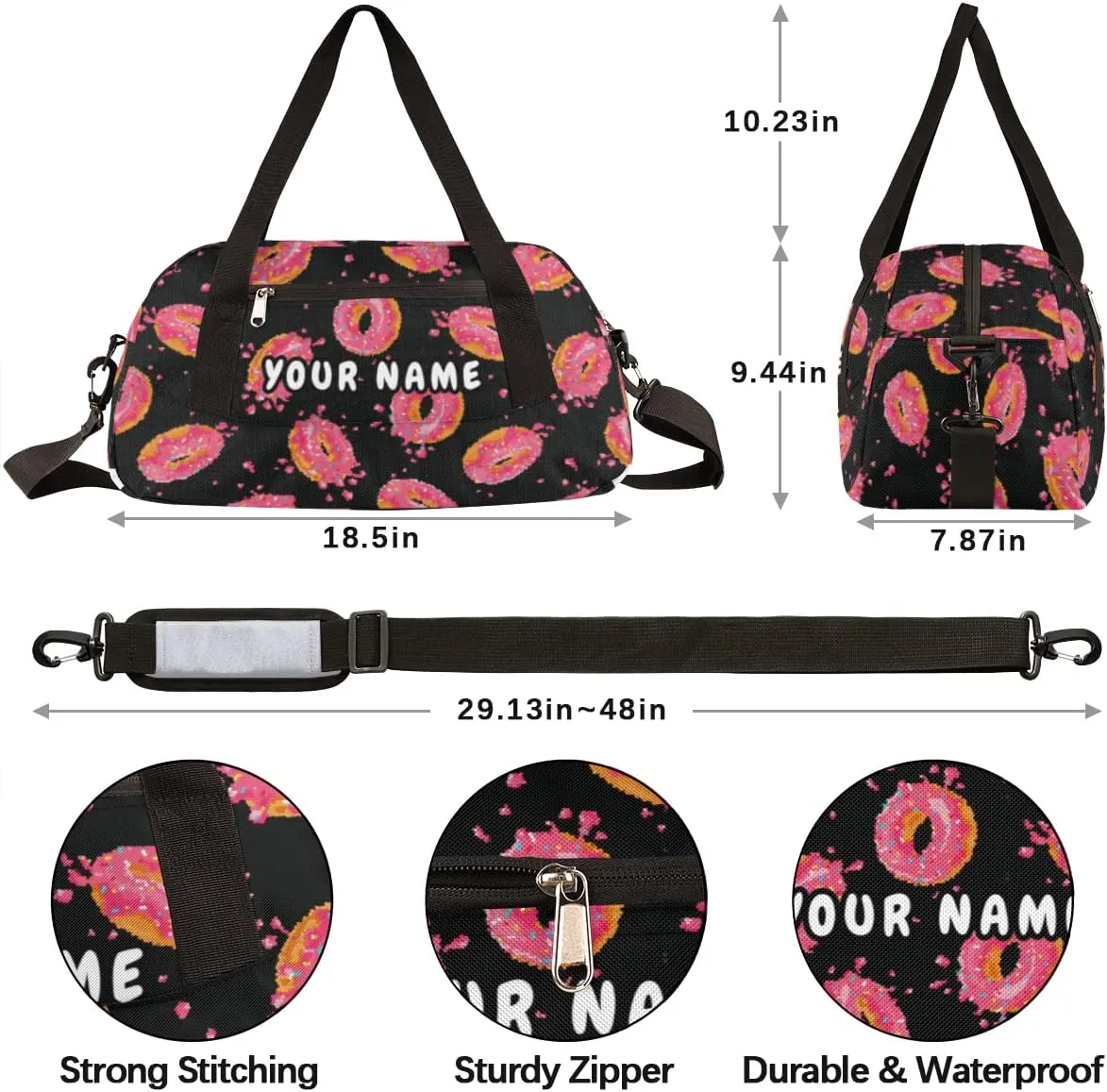 Donuts Pink Personalized Kids Duffel Bag for Girls Boys, Donuts Debris Custom Dance Bag Overnight Small Duffel Bag Carry On Weekend Sports Travel Bag for School Practice Gymnastics Ballet