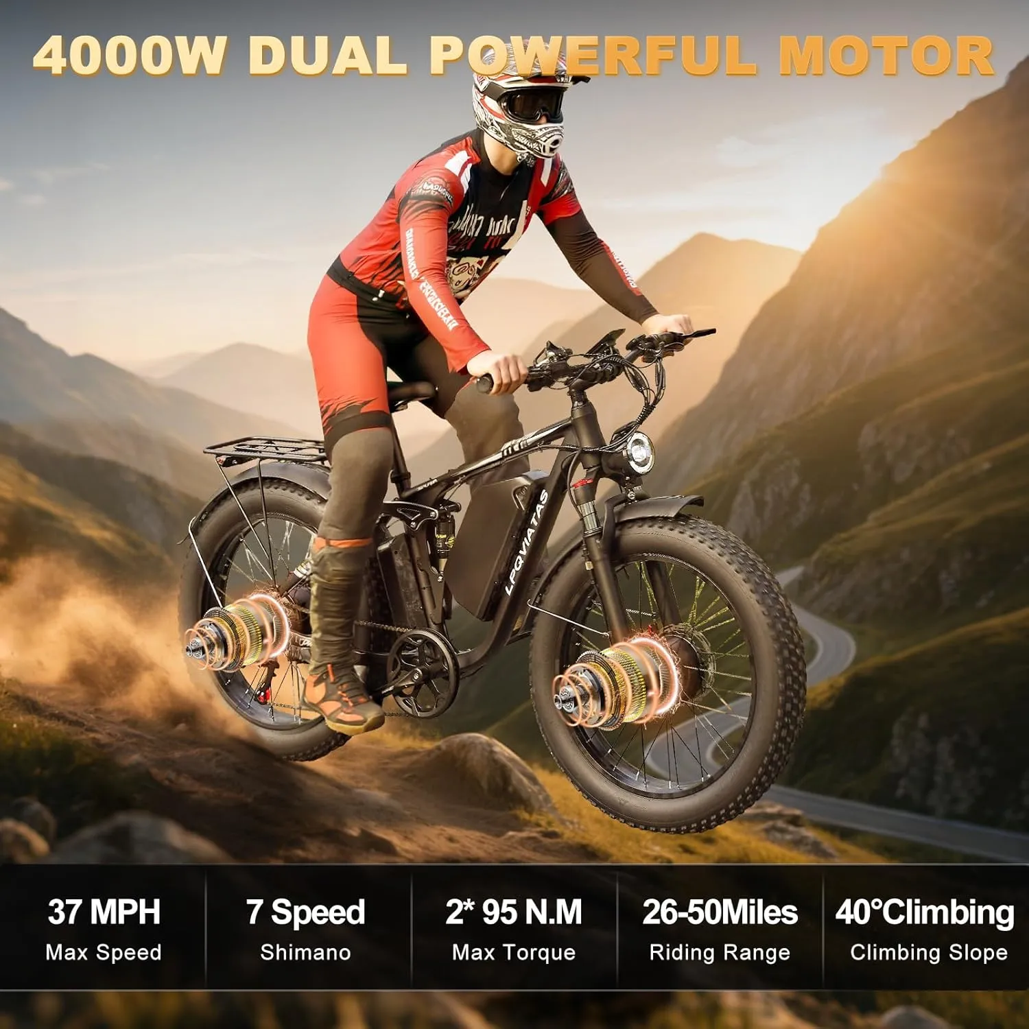 Dual Motor Ebike for Adult Men Women 45MPH/37MPH - Peak 5000W/4000W Electric Mountain Bike with 52V 34Ah/23AH Battery Up to 105Miles/90Miles,24"/26"*4 Fat Tire E-Bike,Full Suspension Electric Bicycle