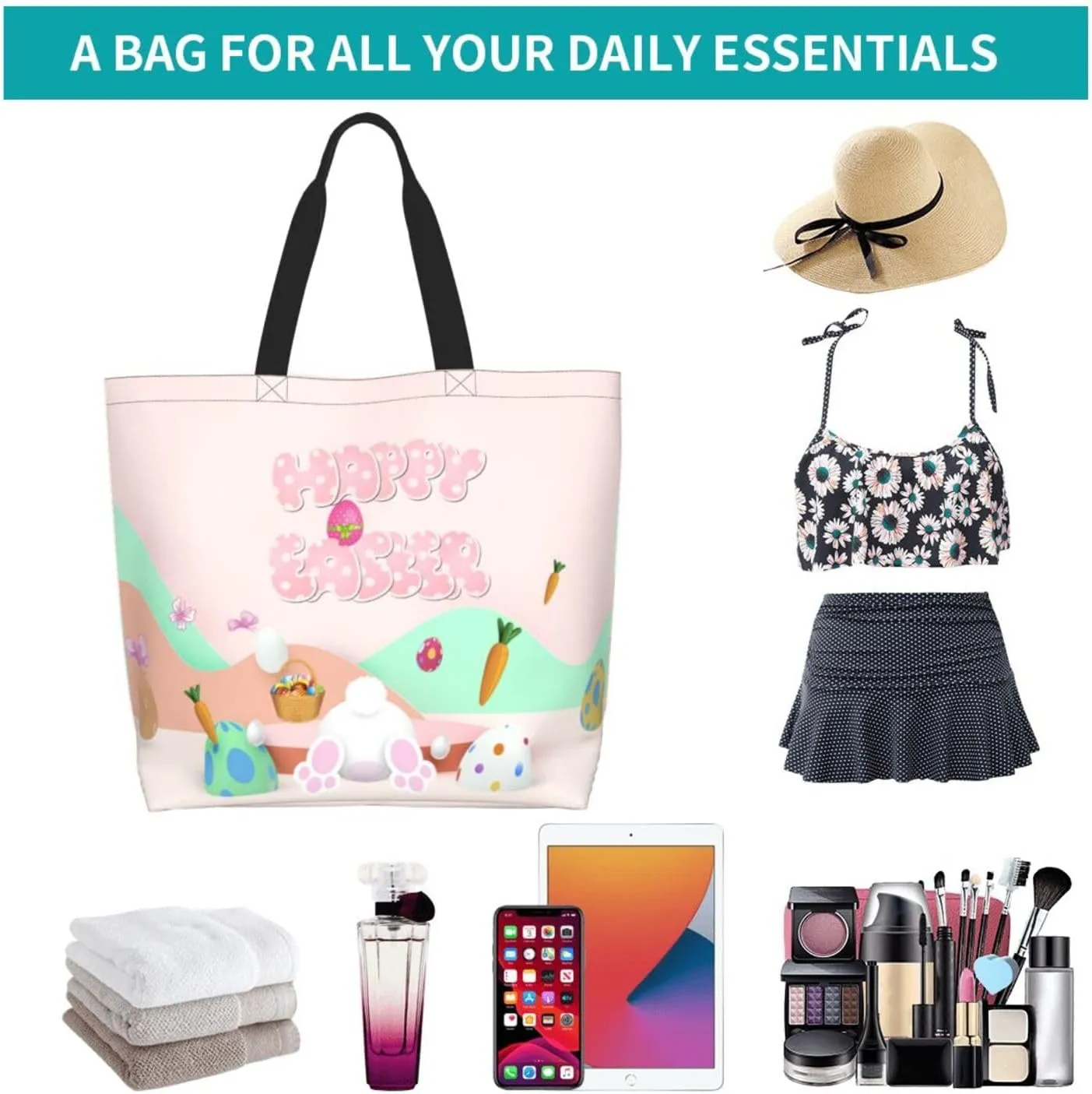 Easter Canvas Tote Bag Happy Easter Shoulder Bag Egg Casual Grocery Bags Easter Bags for Outdoor