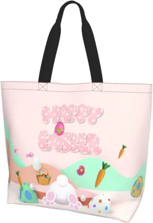 Easter Canvas Tote Bag Happy Easter Shoulder Bag Egg Casual Grocery Bags Easter Bags for Outdoor
