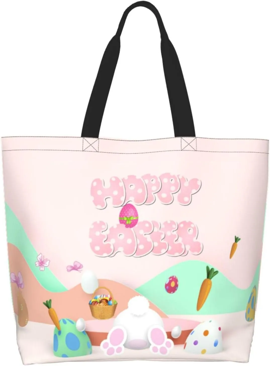 Easter Canvas Tote Bag Happy Easter Shoulder Bag Egg Casual Grocery Bags Easter Bags for Outdoor
