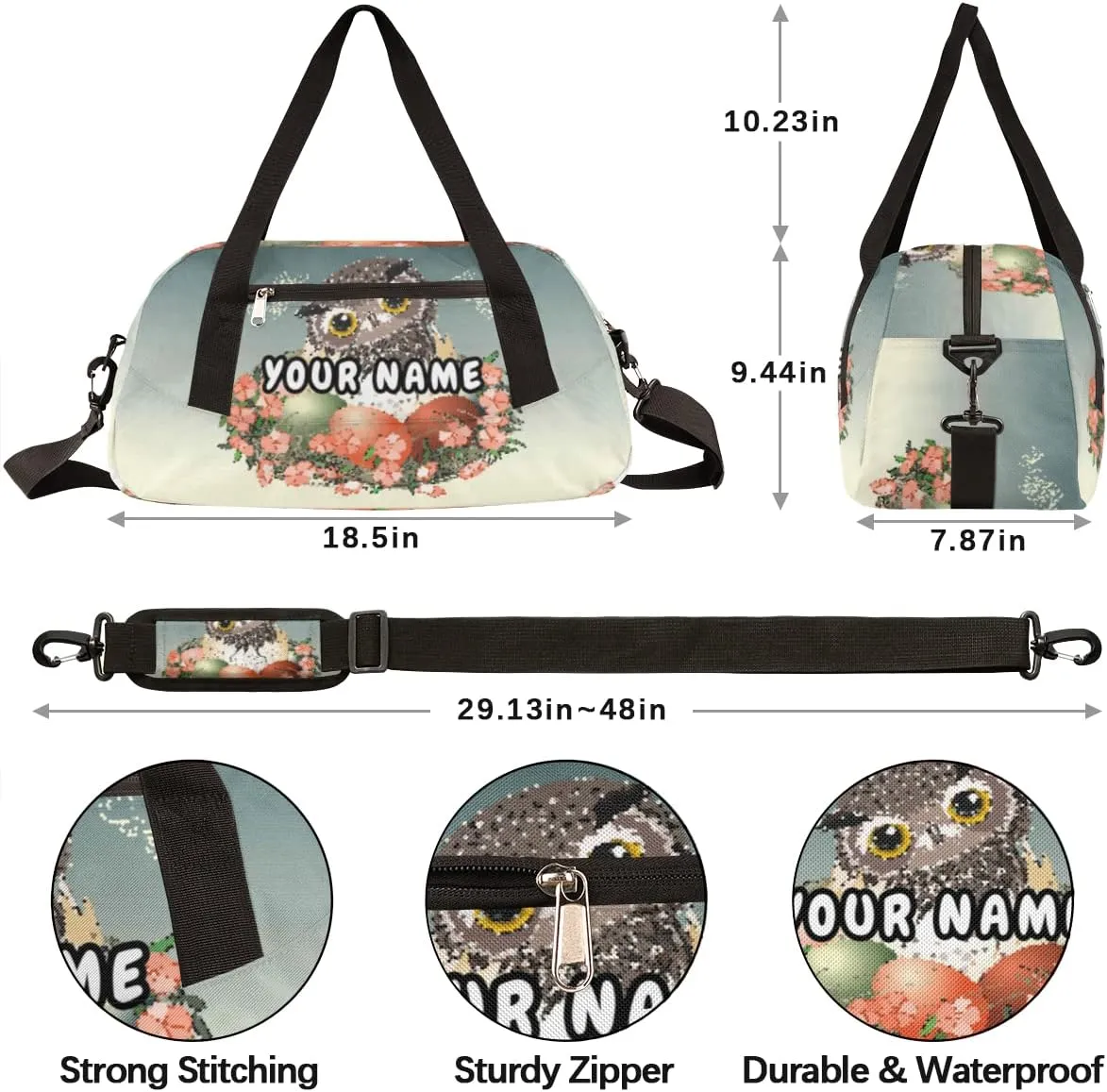 Easter Eggs Owl Personalized Kids Duffel Bag for Girls Boys, Owl Debris Custom Dance Bag Overnight Small Duffel Bag Carry On Weekend Sports Travel Bag for School Practice Gymnastics Ballet