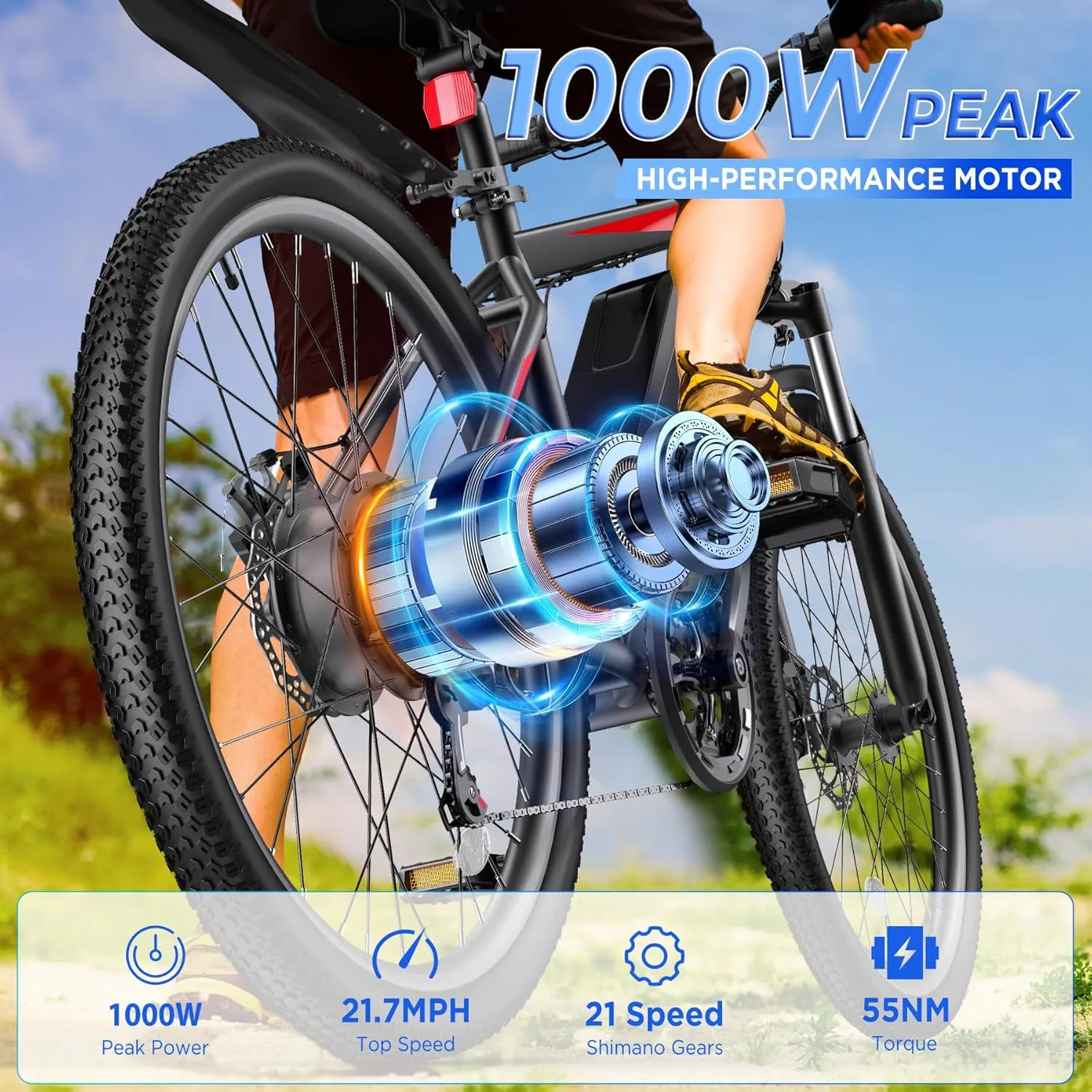 Electric Bike for Adults, 26'' 1000W Peak Ebike, Up to 50 Miles 21.7MPH Electric Mountain Bike with 48V 374.4WH Removable Battery, Adjustable Stem, Fenders, Lockable Suspension Fork, 21-Speed