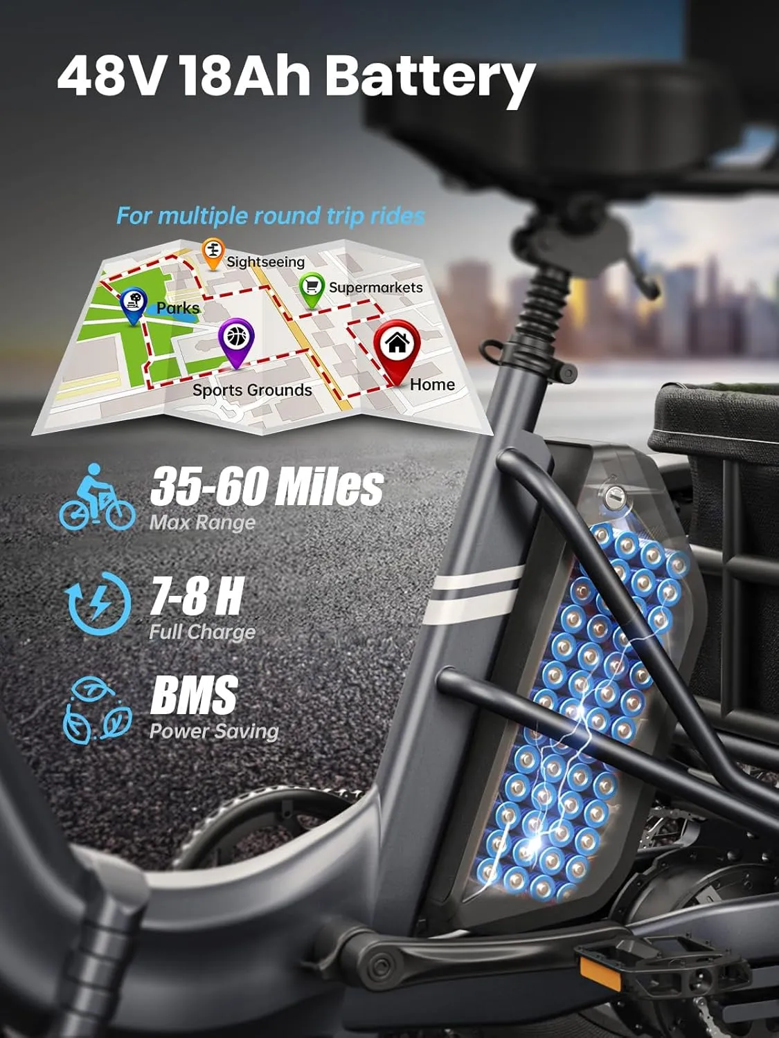 Electric Trike for Adult with 48V 18AH Cells Battery, 60 Miles Range, 750W Motor, Pickup Class 500 LB Load Electric Tricycle with 20" Fat Tire and Large Basket for City and Mountain Road, Husky