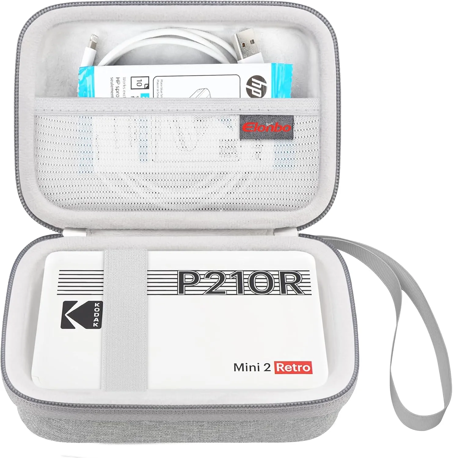 Elonbo Carrying Case for KODAK Mini 2 Retro 4PASS Portable Photo Printer, Digital Instant Print Camera Travel Bag Storage Holder, Mesh Pocket Fits Printing Paper, Cable, Grey