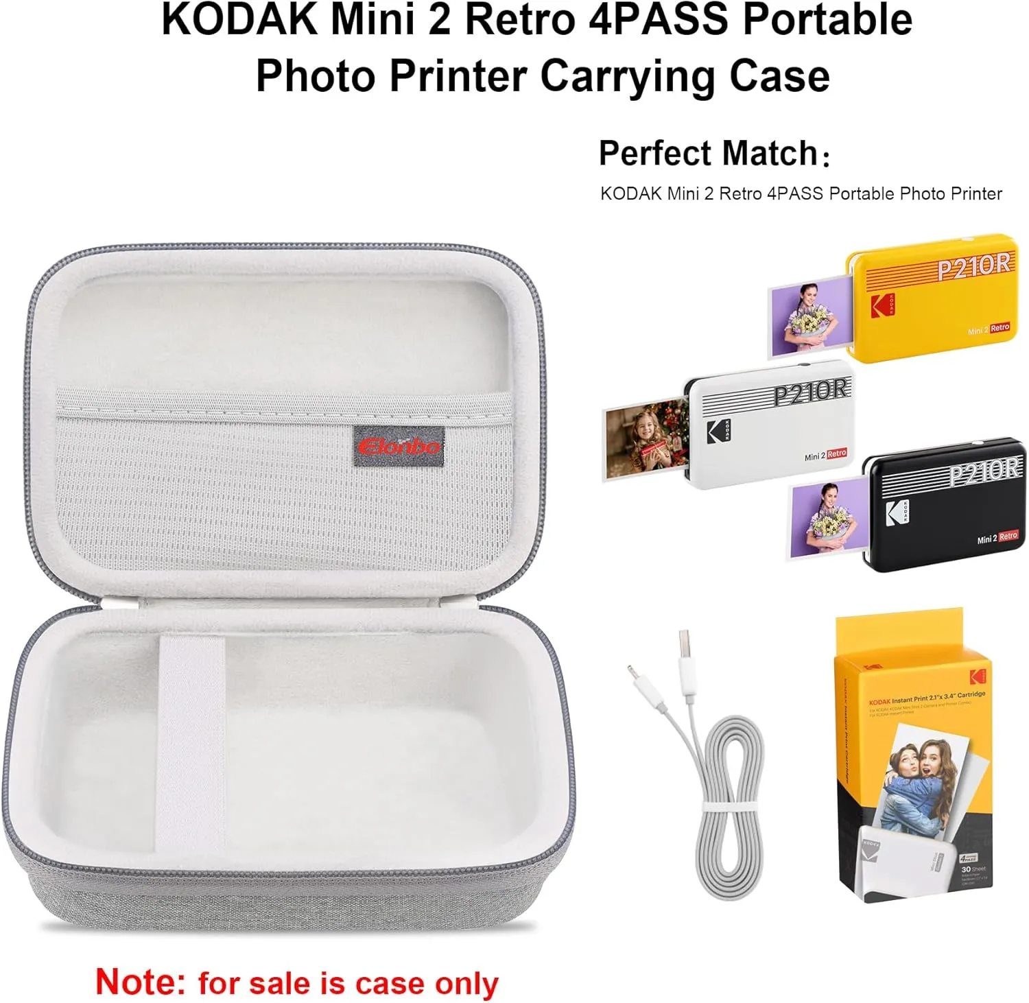 Elonbo Carrying Case for KODAK Mini 2 Retro 4PASS Portable Photo Printer, Digital Instant Print Camera Travel Bag Storage Holder, Mesh Pocket Fits Printing Paper, Cable, Grey