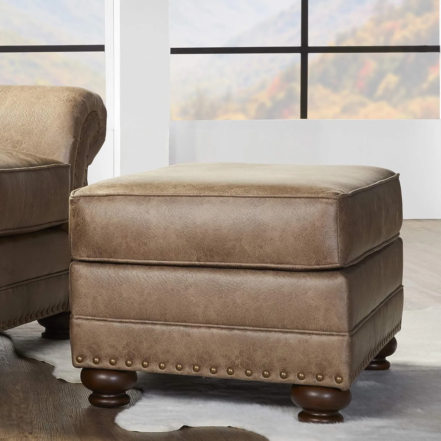 Enhances Decor with Padded Faux Leather Ottoman, Antique Bronze Nailheads, Solid Wood Legs, Brown