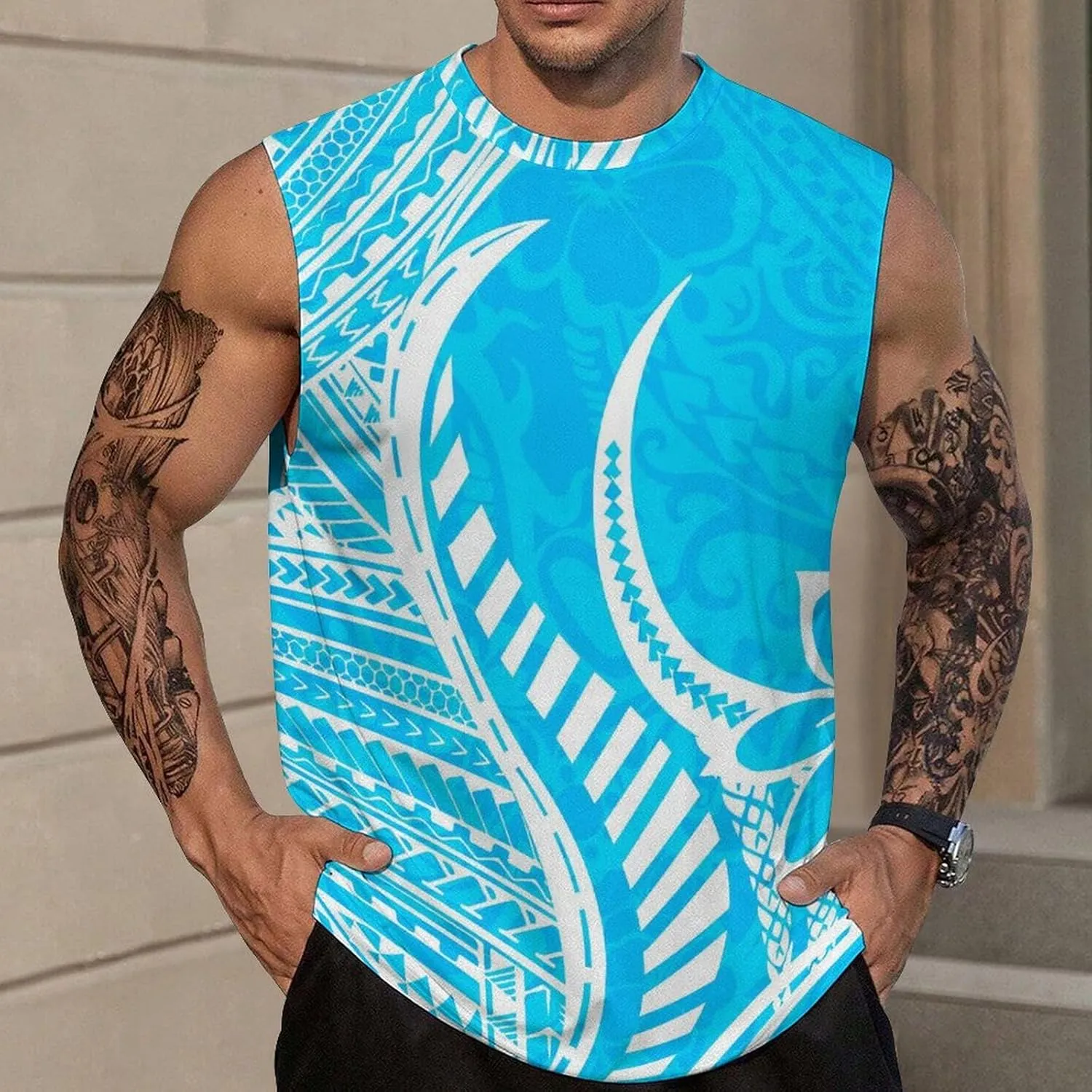 ENLACHIC Men Polynesian Tribal Tattoo Print Muscle Tank Top Sleeveless Gym Shirt Plus Size
