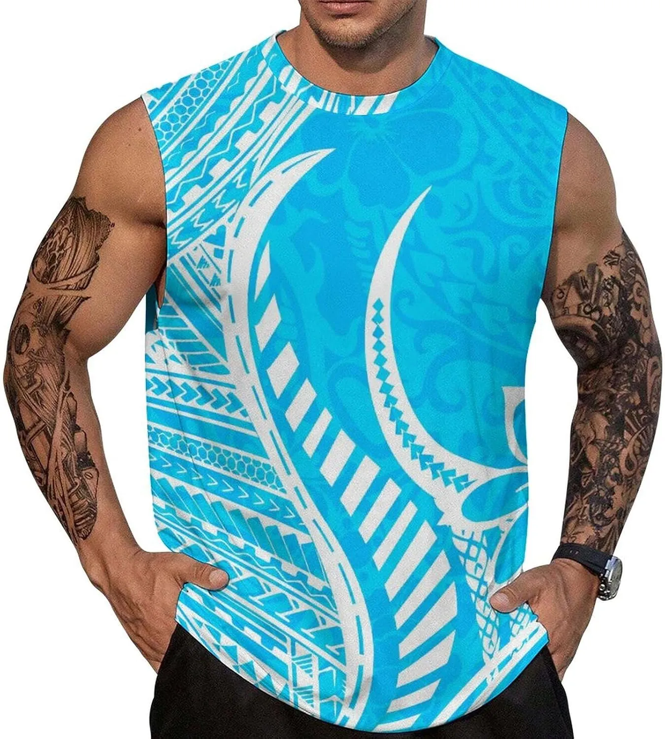 ENLACHIC Men Polynesian Tribal Tattoo Print Muscle Tank Top Sleeveless Gym Shirt Plus Size