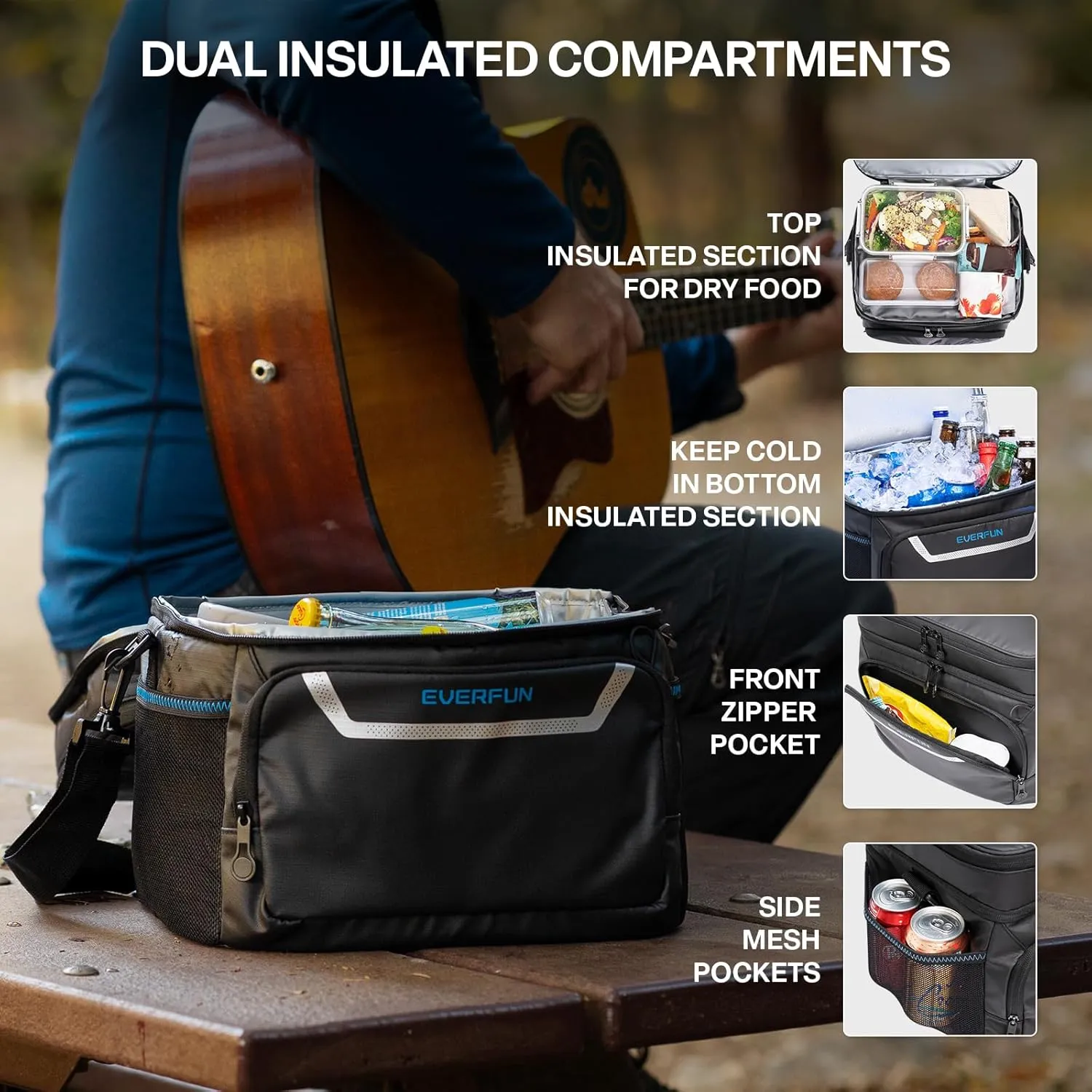 EVERFUN Small Cooler Lunch Box Mini Leak-Proof Soft Double Deck 24 Can Personal Insulated Collapsible Portable Waterproof Lunch Bag Ice Chest for Men Women Work Travel Car Picnic Beach, Black