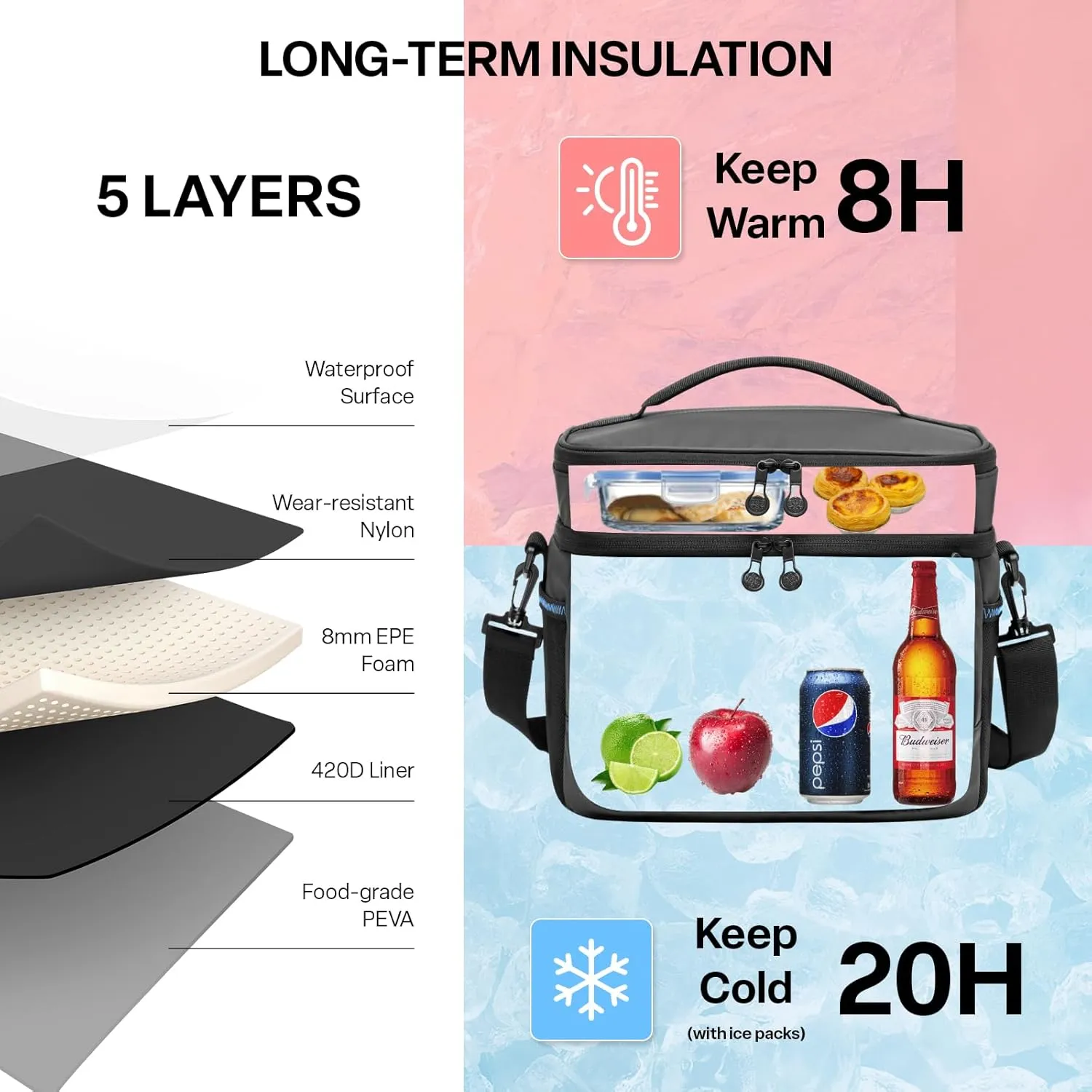 EVERFUN Small Cooler Lunch Box Mini Leak-Proof Soft Double Deck 24 Can Personal Insulated Collapsible Portable Waterproof Lunch Bag Ice Chest for Men Women Work Travel Car Picnic Beach, Black