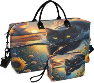 Exnundod Cute Black Cat Travel Duffel Bags for Women Magical Sunflowers Water Sports Gym Bag Weekender Carry On Tote Overnight Luggage Duffle Bags