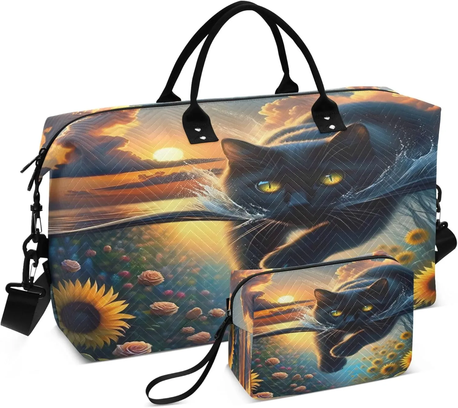 Exnundod Cute Black Cat Travel Duffel Bags for Women Magical Sunflowers Water Sports Gym Bag Weekender Carry On Tote Overnight Luggage Duffle Bags