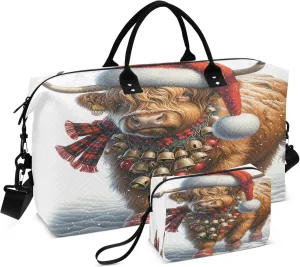 Exnundod Highland Cow Wearing Santa Hat Travel Duffel Bags for Women Christmas Bells Sports Gym Bag Weekender Carry On Tote Overnight Luggage Duffle Bags