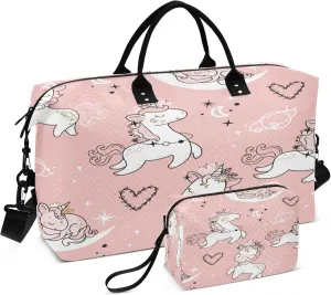 Exnundod Travel Duffel Bags Cute Pink Unicorns Stars Moon Sports Gym Bag Weekender Carry On Tote Overnight Luggage Bags for Women and Men