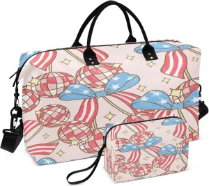 Exnundod Travel Duffel Bags Patriotic Bow and Balls Sports Gym Bag 4th Of July American Weekender Carry On Tote Overnight Luggage Bags for Women and Men