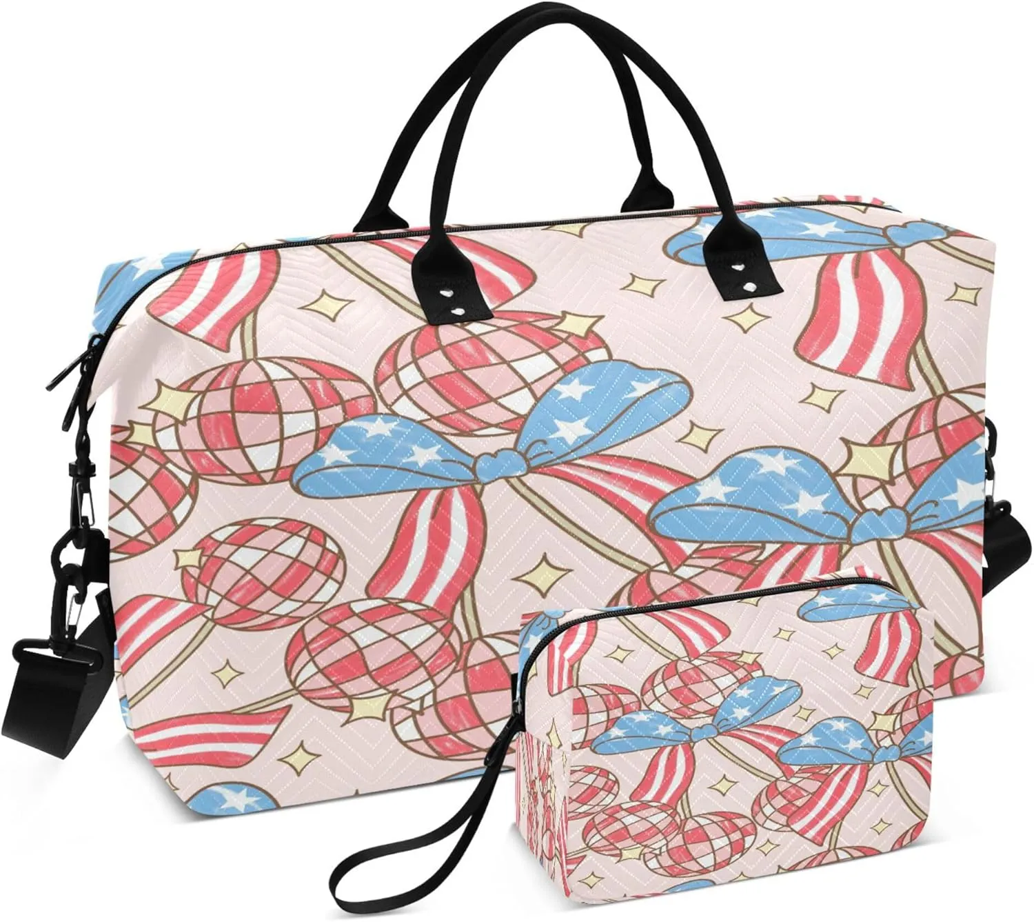 Exnundod Travel Duffel Bags Patriotic Bow and Balls Sports Gym Bag 4th Of July American Weekender Carry On Tote Overnight Luggage Bags for Women and Men