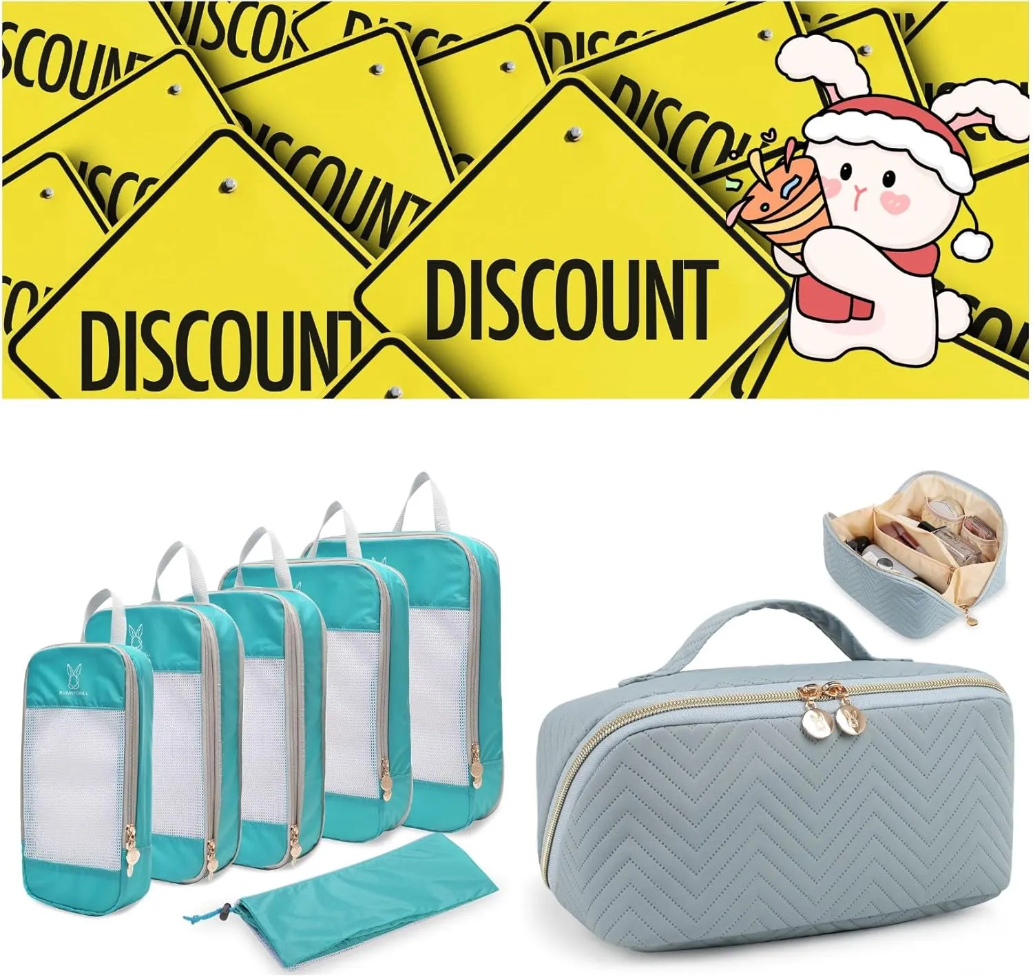Expandable Compression Packing Cubes for Suitcases (Teal) & Makeup Bag Cosmetic Bag (Blue)