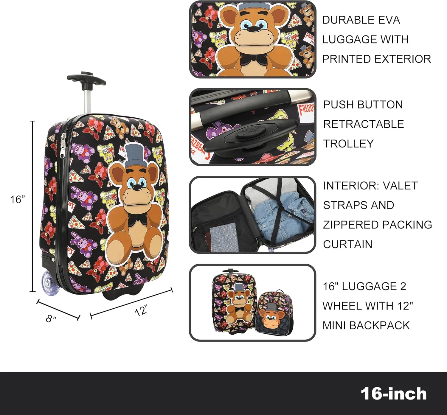 Five Nights At Freddy's Freddy Fazbear Character Print 2-Piece Youth EVA Wheeled Luggage & Travel Backpack Set