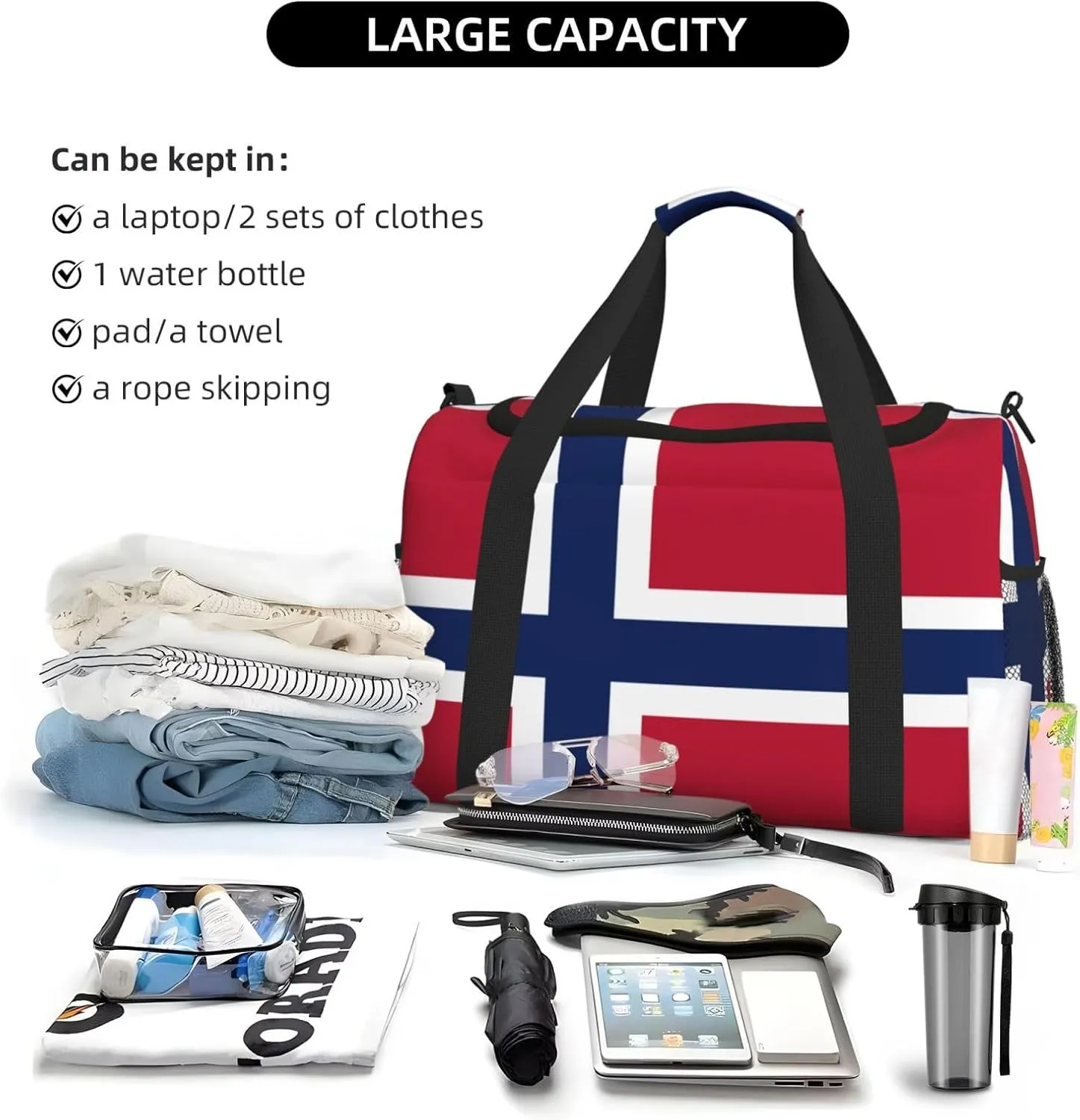 Flag Of Norway Travel Duffel Bag Large Foldable Waterproof Overnight Bag For Beach Swim Bags Pool Sports Gym