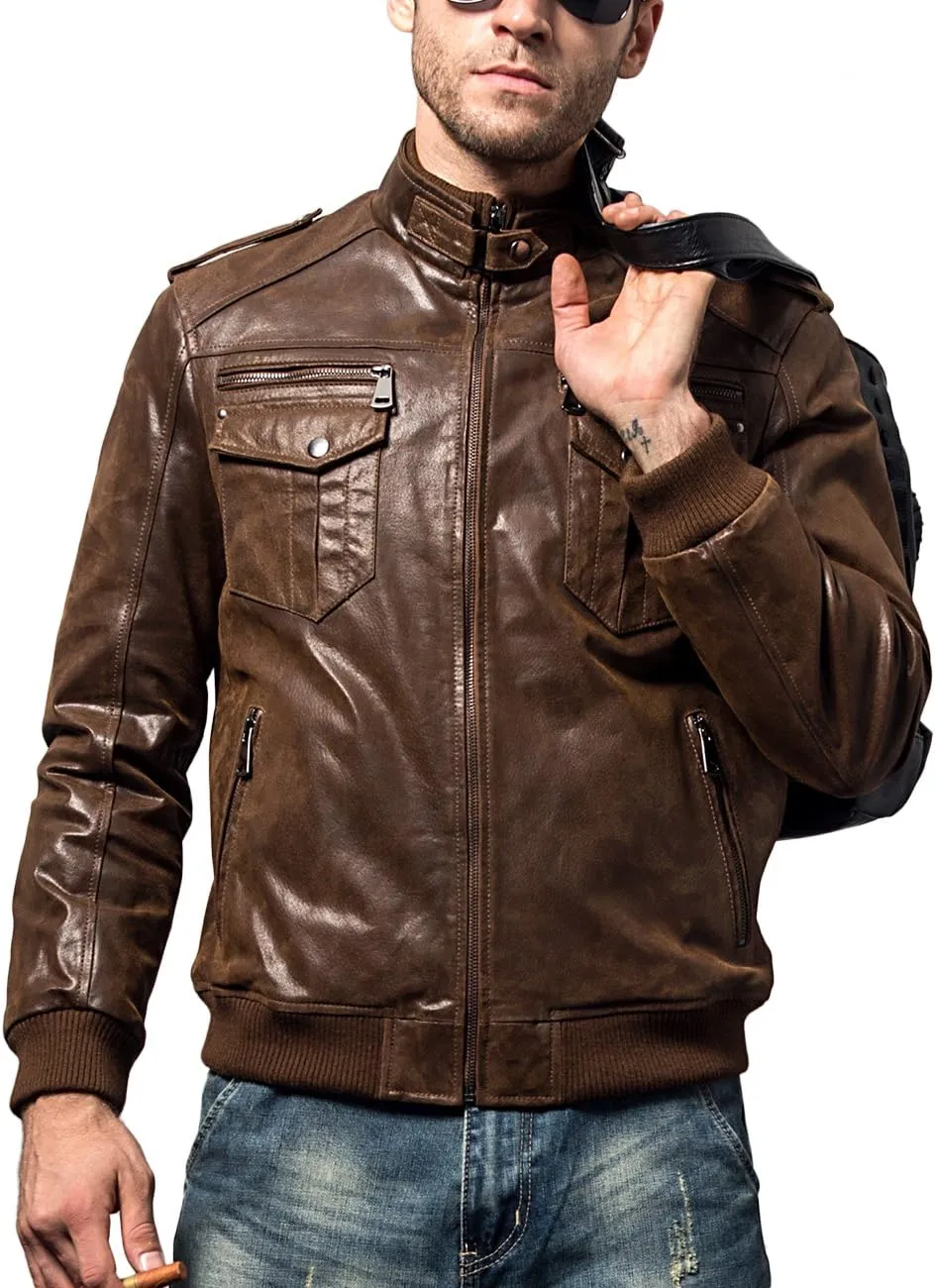 FLAVOR Men Biker retro Brown Leather Motorcycle Jacket Genuine Leather jacket