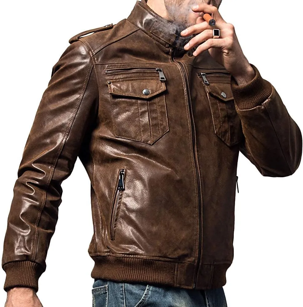 FLAVOR Men Biker retro Brown Leather Motorcycle Jacket Genuine Leather jacket