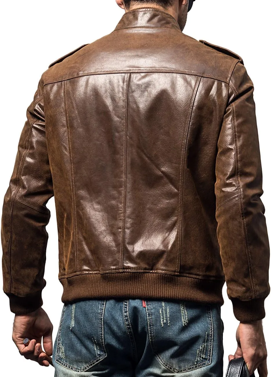 FLAVOR Men Biker retro Brown Leather Motorcycle Jacket Genuine Leather jacket