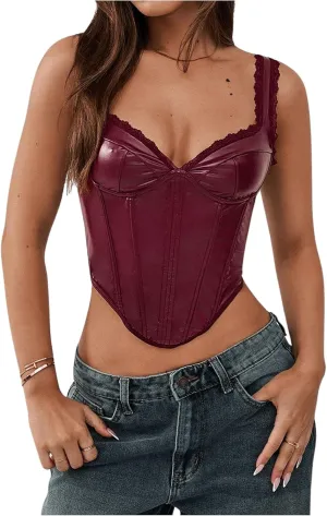 Floerns Women's Leather Sleeveless Crop Cami Top Asymmetrical Hem Retro Corset Top