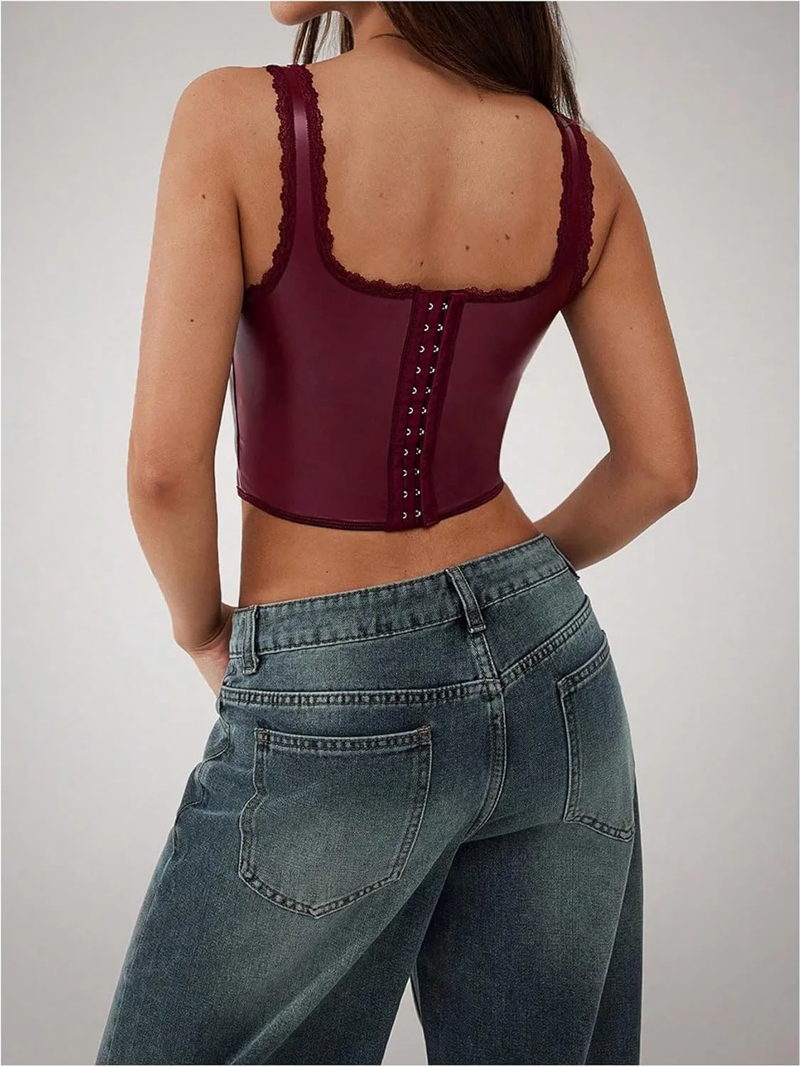 Floerns Women's Leather Sleeveless Crop Cami Top Asymmetrical Hem Retro Corset Top