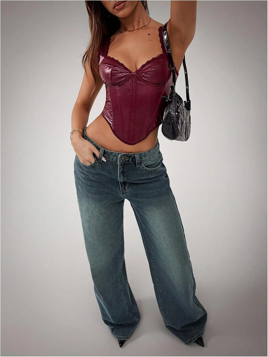 Floerns Women's Leather Sleeveless Crop Cami Top Asymmetrical Hem Retro Corset Top