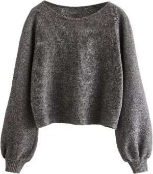 Floerns Women's Solid Boat Neck Long Lantern Sleeve Pullover Thin Sweater Top