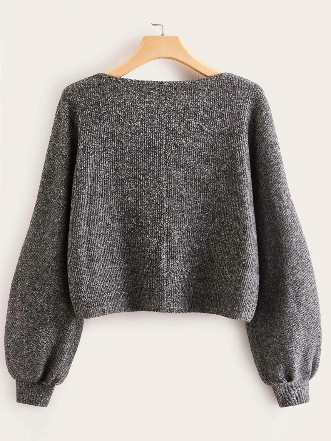 Floerns Women's Solid Boat Neck Long Lantern Sleeve Pullover Thin Sweater Top
