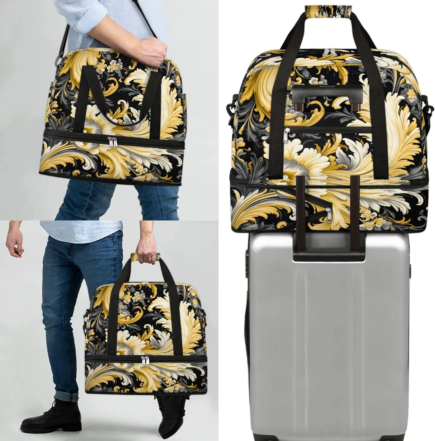 Flora Retro Boho Patterns Travel Duffle Bag, Collapsible Travel Bag Sports Gym Bag With Shoes Compartment Weekender Bag Overnight Bag For Women Men