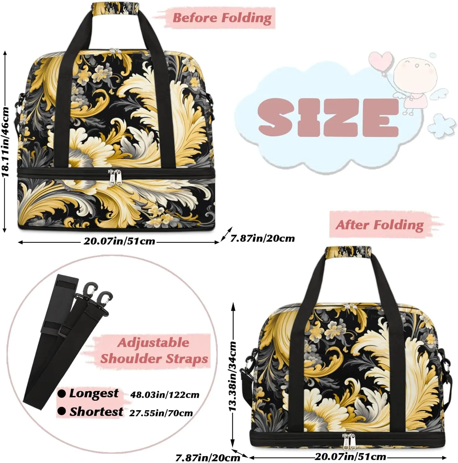 Flora Retro Boho Patterns Travel Duffle Bag, Collapsible Travel Bag Sports Gym Bag With Shoes Compartment Weekender Bag Overnight Bag For Women Men