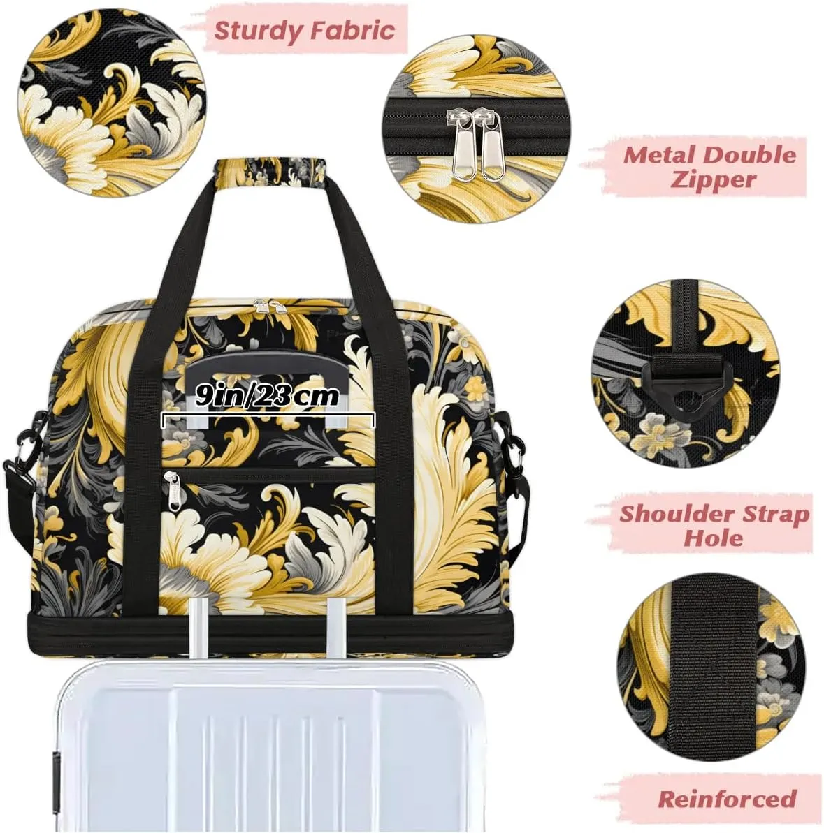 Flora Retro Boho Patterns Travel Duffle Bag, Collapsible Travel Bag Sports Gym Bag With Shoes Compartment Weekender Bag Overnight Bag For Women Men