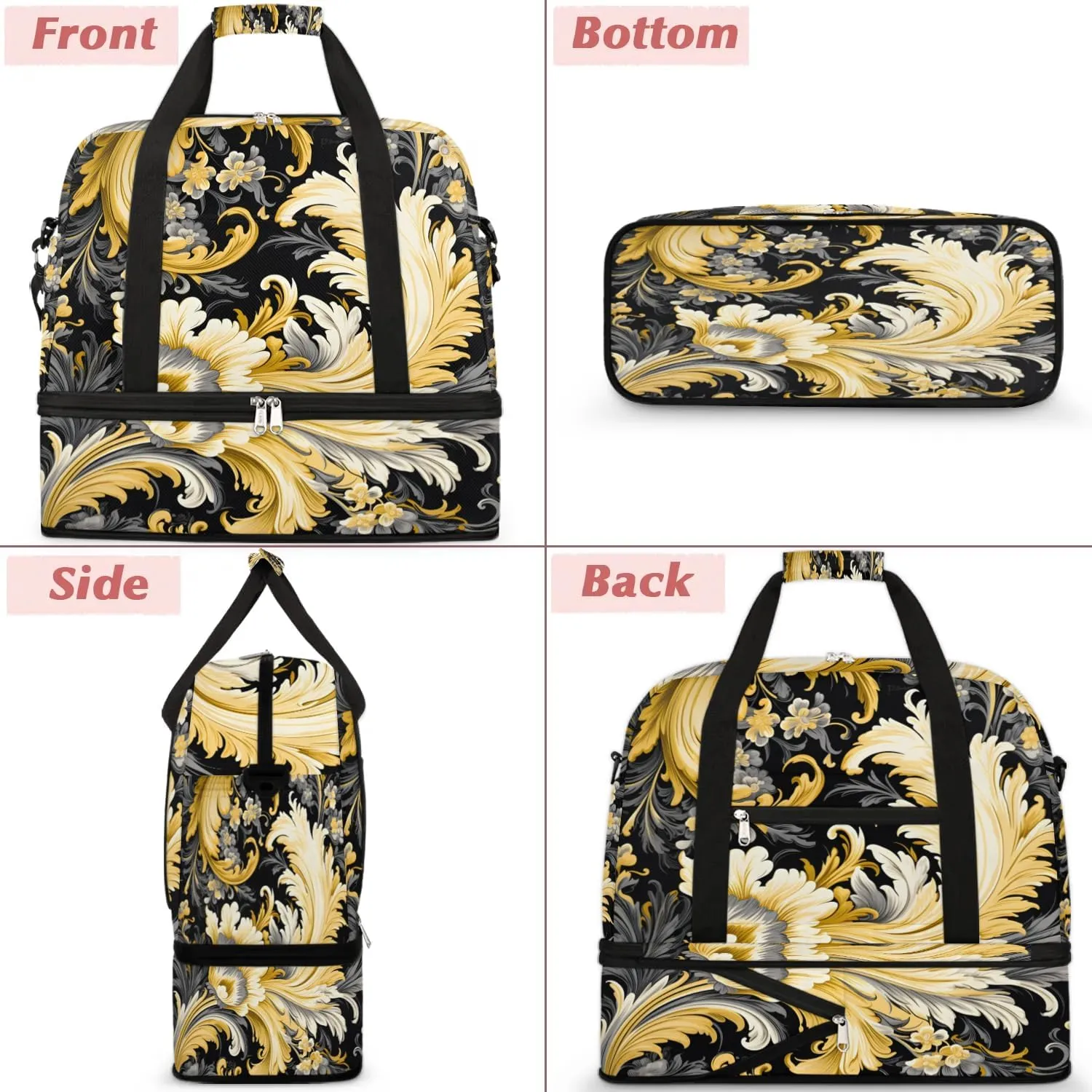 Flora Retro Boho Patterns Travel Duffle Bag, Collapsible Travel Bag Sports Gym Bag With Shoes Compartment Weekender Bag Overnight Bag For Women Men